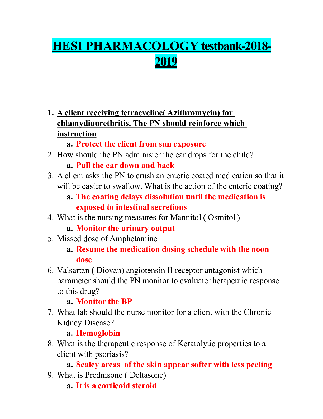 Preview of HESI PHARMACOLOGY testbank-2018-2019